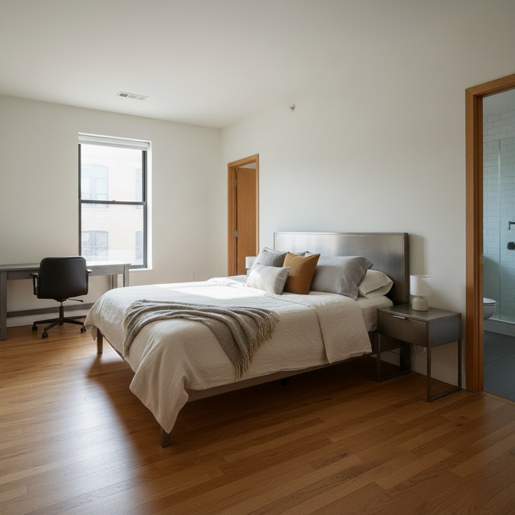 Premium master suite with king bed, desk, and private bathroom