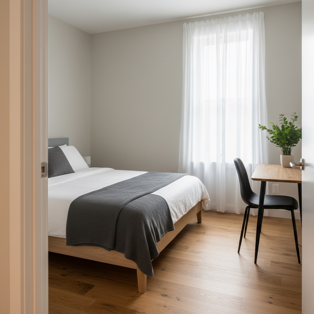 Standard private room with queen bed, desk, and window